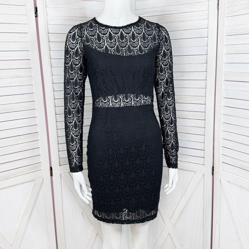 Bebe Lace Overlay Bandeau Pencil Dress Sheer Back Long Sleeve Black Medium